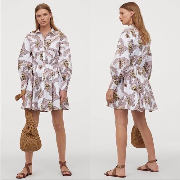 H&M Dresses & Skirts - Desmond & Dempsey x H&M Balloon-sleeved Cotton Dress in Banana Leaf Print